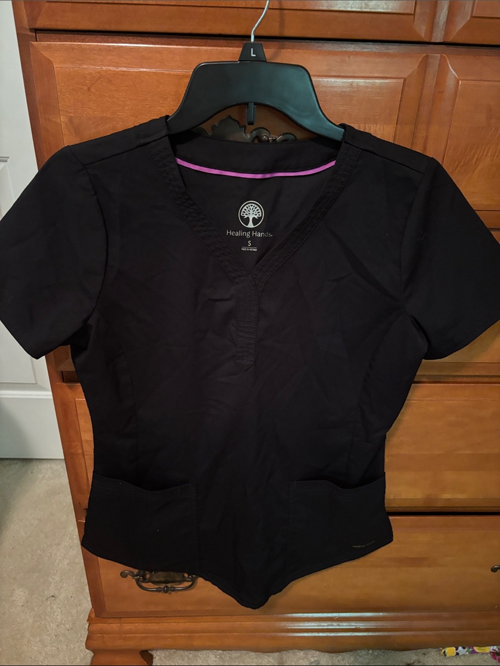 healing hands Black V-Neck Short Sleeve Scrub Top with Pink Trim